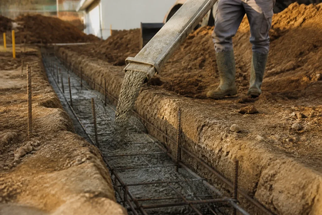 Coulage de beton dans des semelles filantes sur un chantier