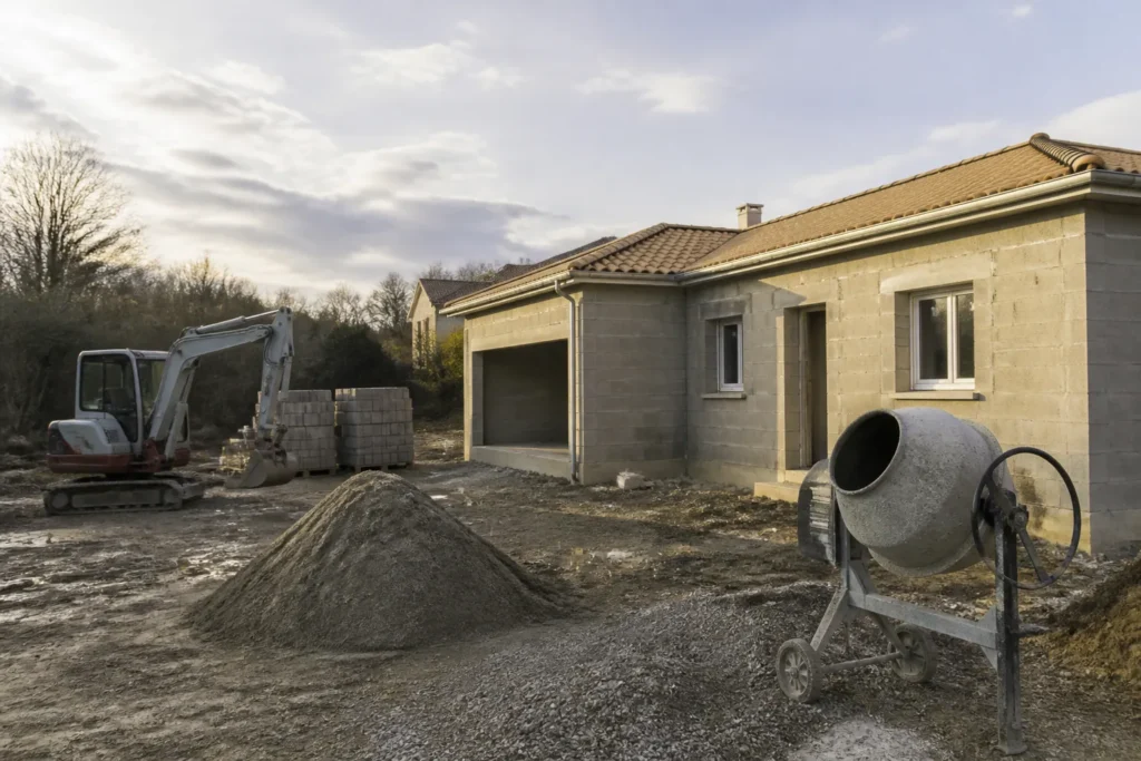Chantier de maison a l arret avec engins immobiles