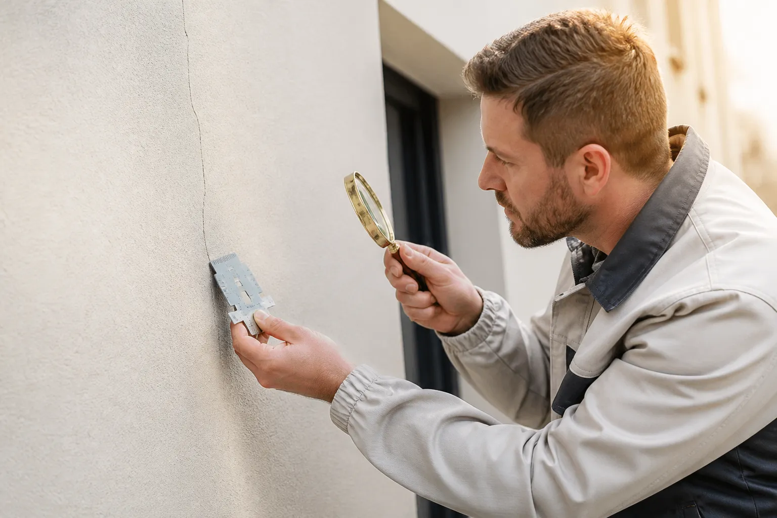 Expert en batiment examinant une fissure sur la facade d une maison neuve