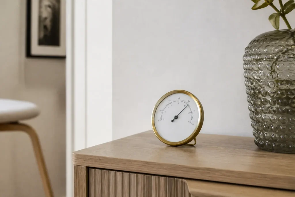 Hygrometre pose sur un meuble dans une piece