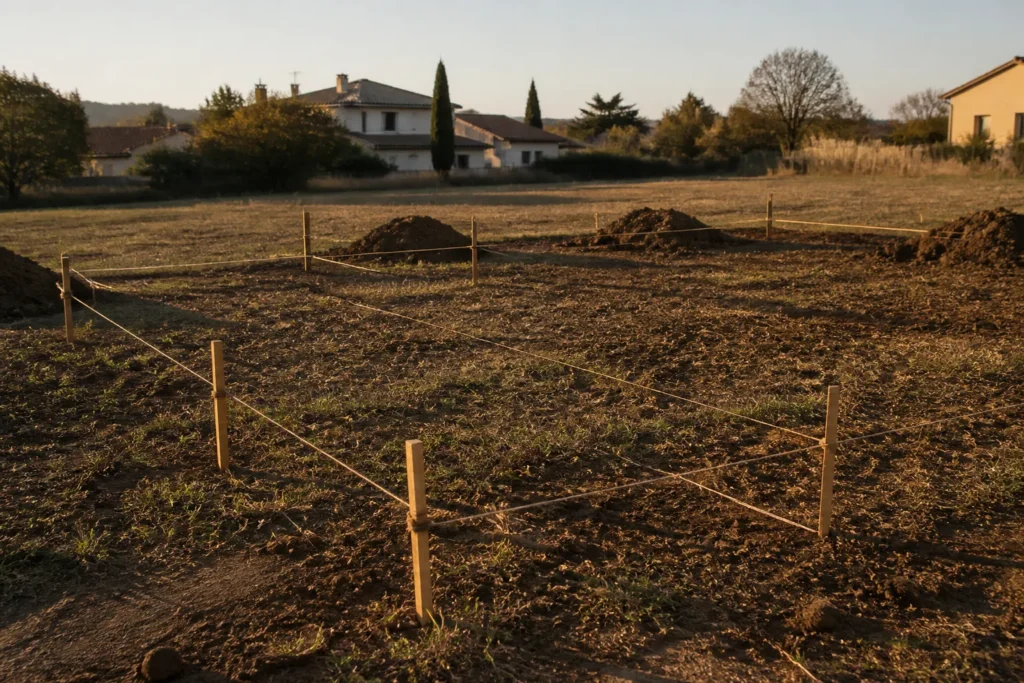 Piquets et cordeaux d implantation d une maison sur un terrain nu