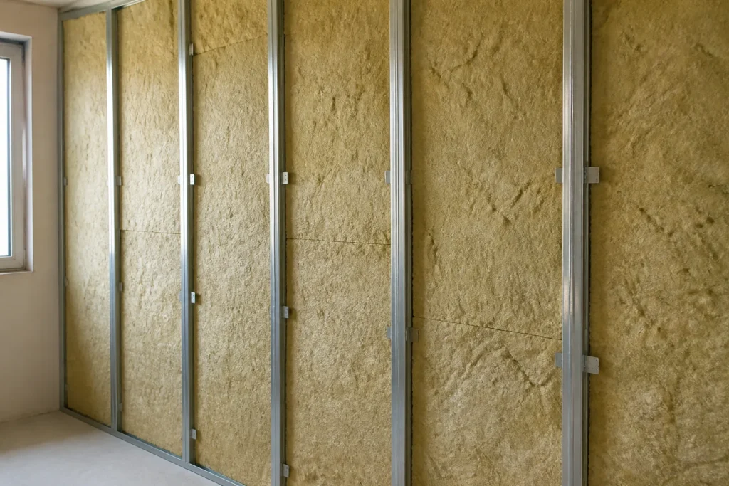 Isolant en laine minerale pose contre un mur avant doublage