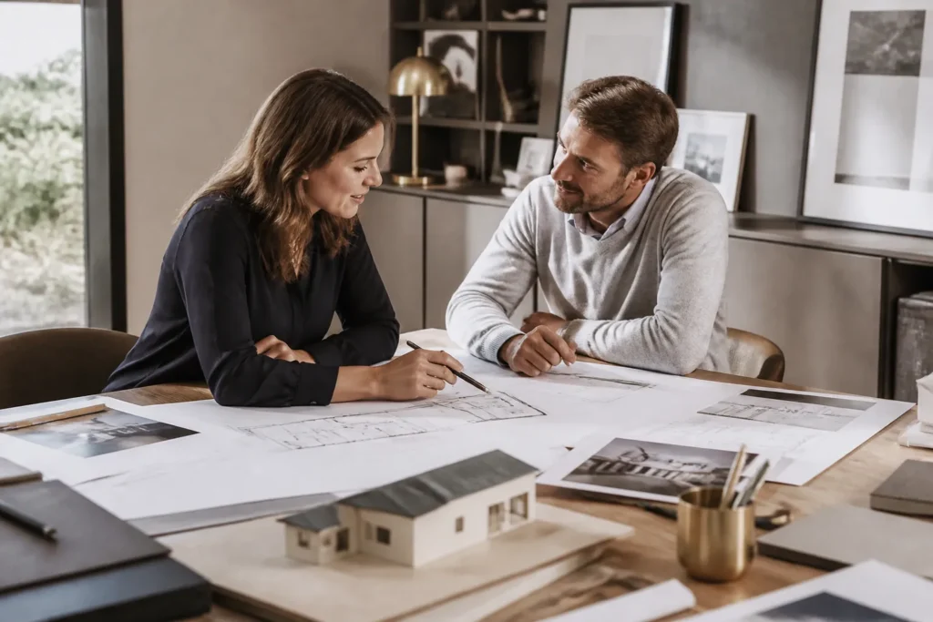 Rendez vous entre deux personnes autour de documents et de plans