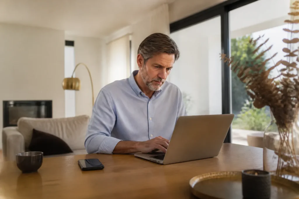 Expert redigeant un rapport sur un ordinateur portable
