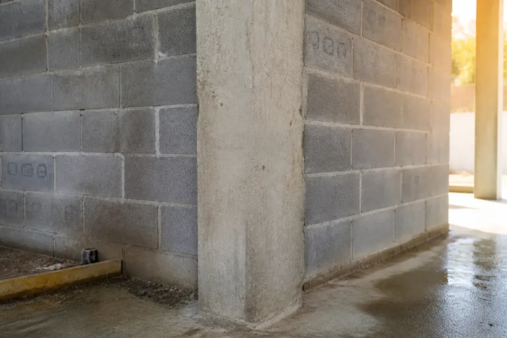 Chainage vertical en beton arme a l angle d un mur en blocs beton