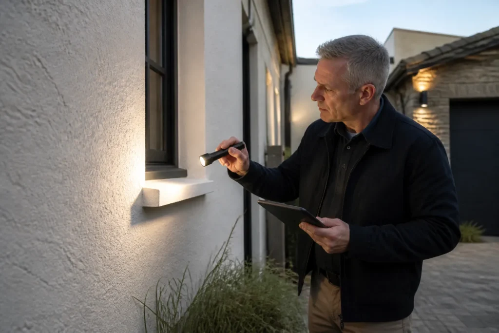 Expert inspectant une facade enduite avec une lampe