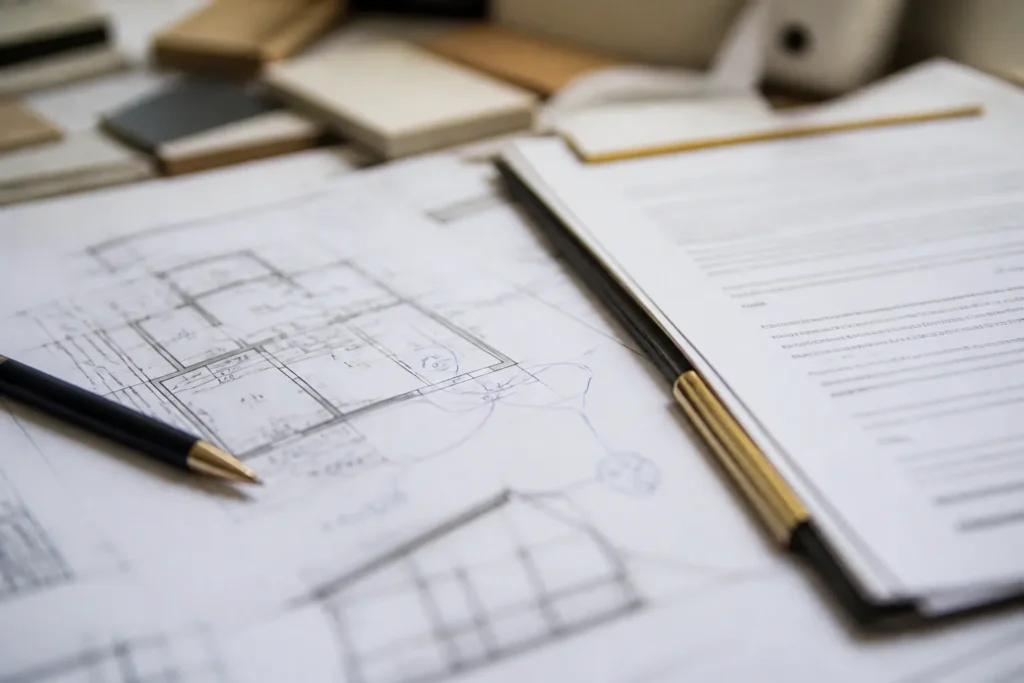 Gros plan sur un contrat et des plans de maison annotes au stylo