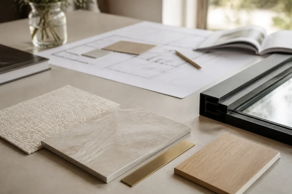 Echantillons de carrelage et de menuiseries poses sur une table a cote d un document
