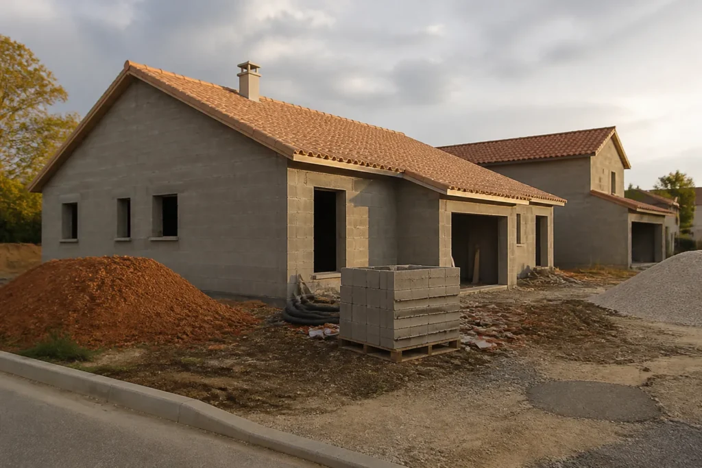 Chantier de maison au stade hors d eau avec charpente et tuiles