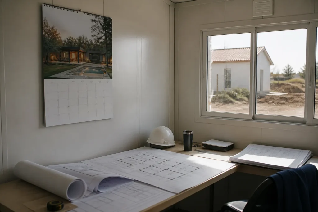 Calendrier mural et plans dans un bungalow de chantier