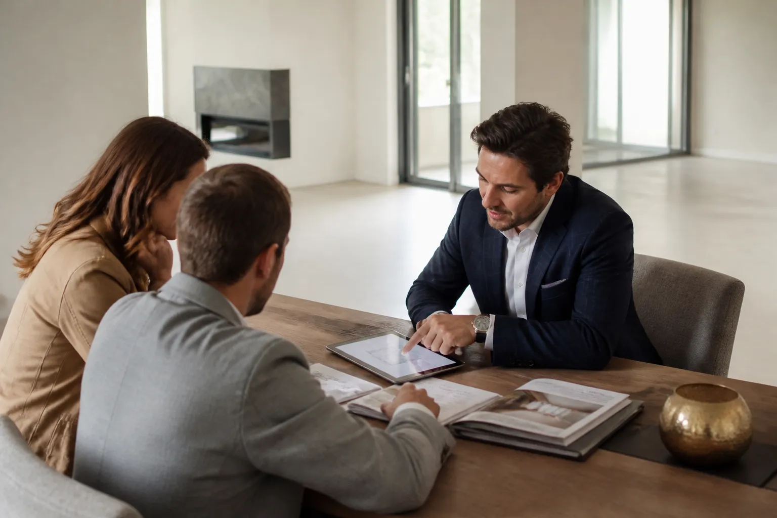 Expert et proprietaires relisant le compte rendu de pre-reception