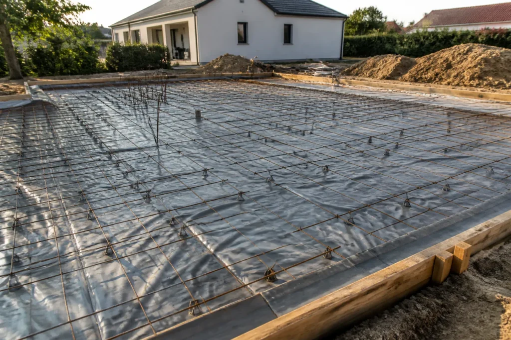 Dallage de maison neuve avec membrane d etancheite au sol