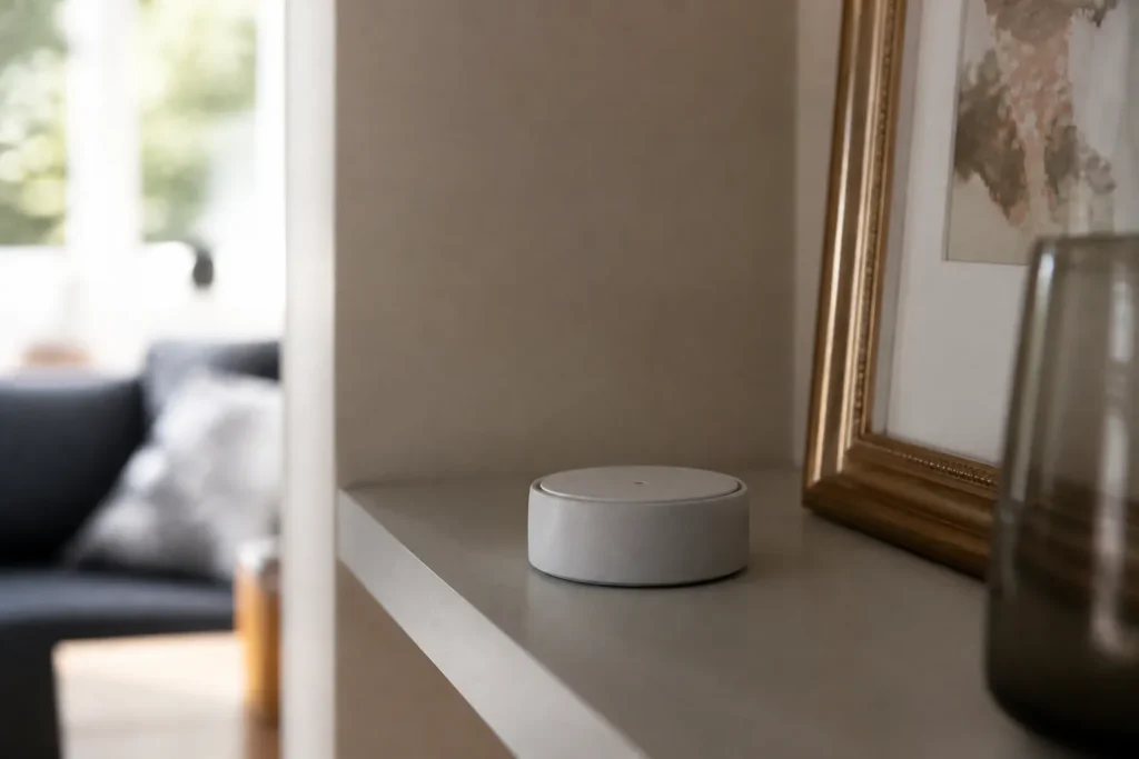 Petit detecteur de mesure du radon pose sur une etagere dans une maison