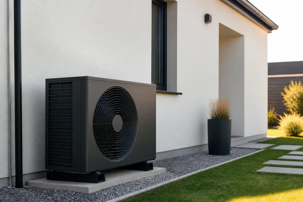 Pompe a chaleur exterieure installee contre une maison neuve