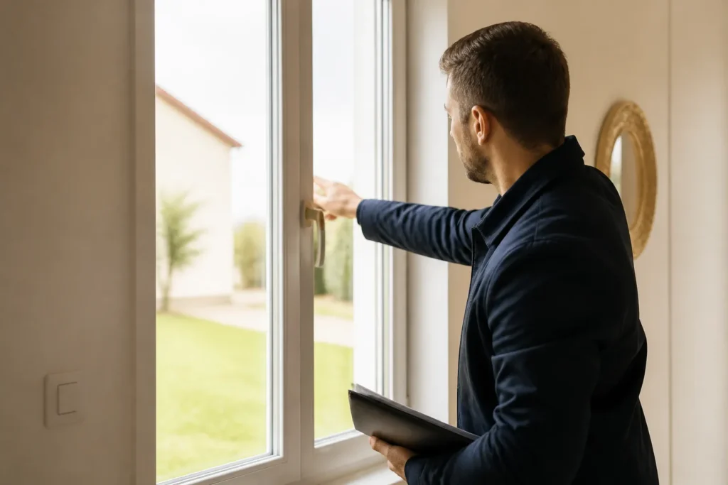 Expert controlant une fenetre lors d une reception de maison