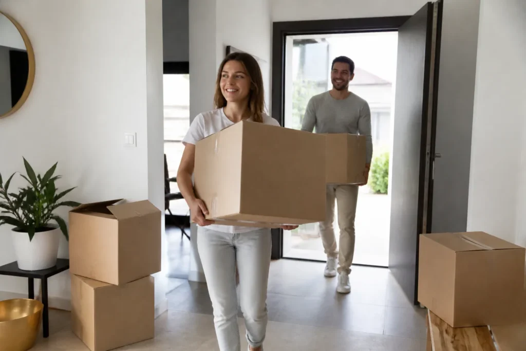 Couple emmenageant des cartons dans une maison neuve