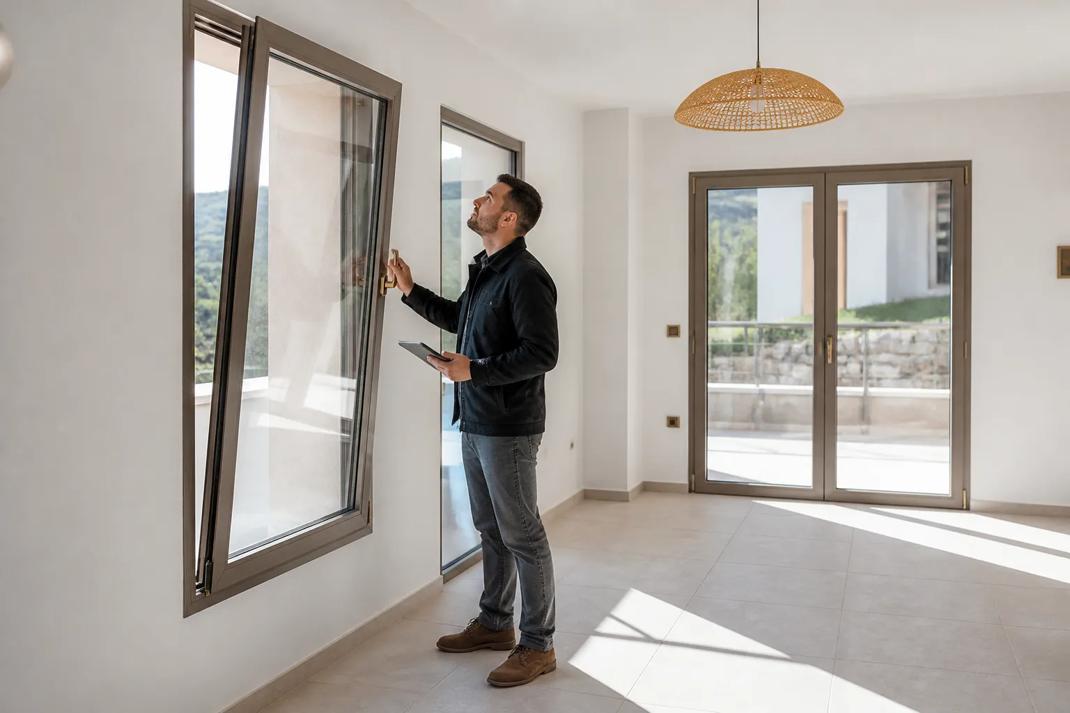 Expert en batiment verifiant une menuiserie neuve avant la reception