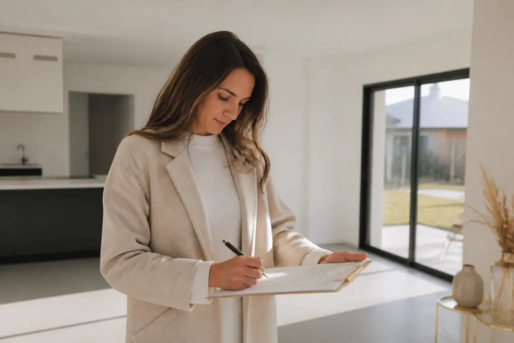 Main ecrivant sur un document pose sur une planchette dans une maison neuve