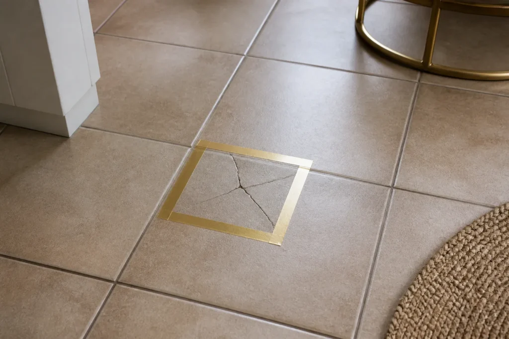 Eclat sur un carreau de sol signale par un adhesif