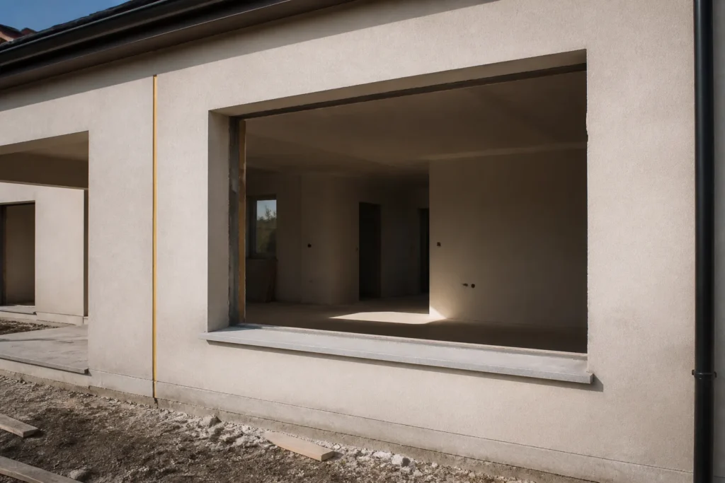 Ouverture de fenetre sans menuiserie dans une facade de maison neuve