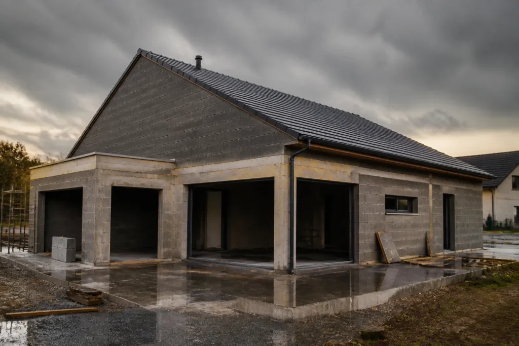 Chantier de maison inacheve sous un ciel pluvieux
