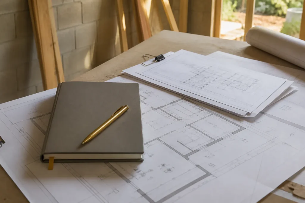Agenda et plans poses sur une table de chantier