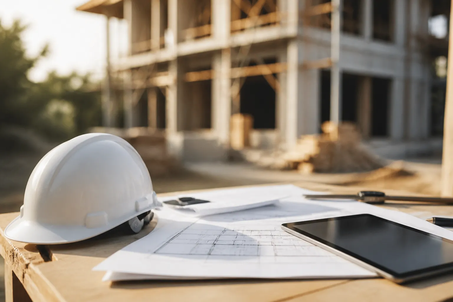 Plans de maison et casque de chantier pour le suivi de construction