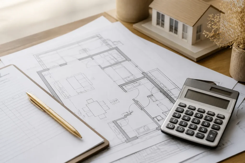 Devis et calculatrice poses sur des plans de maison