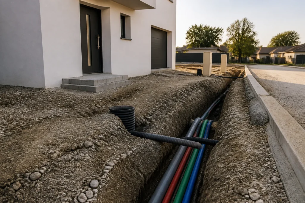 Tranchee de raccordement aux reseaux devant une maison neuve