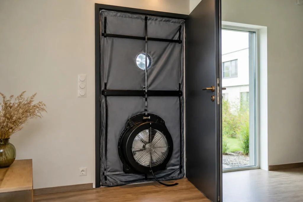 Porte soufflante de mesure d etancheite a l air dans un encadrement de porte