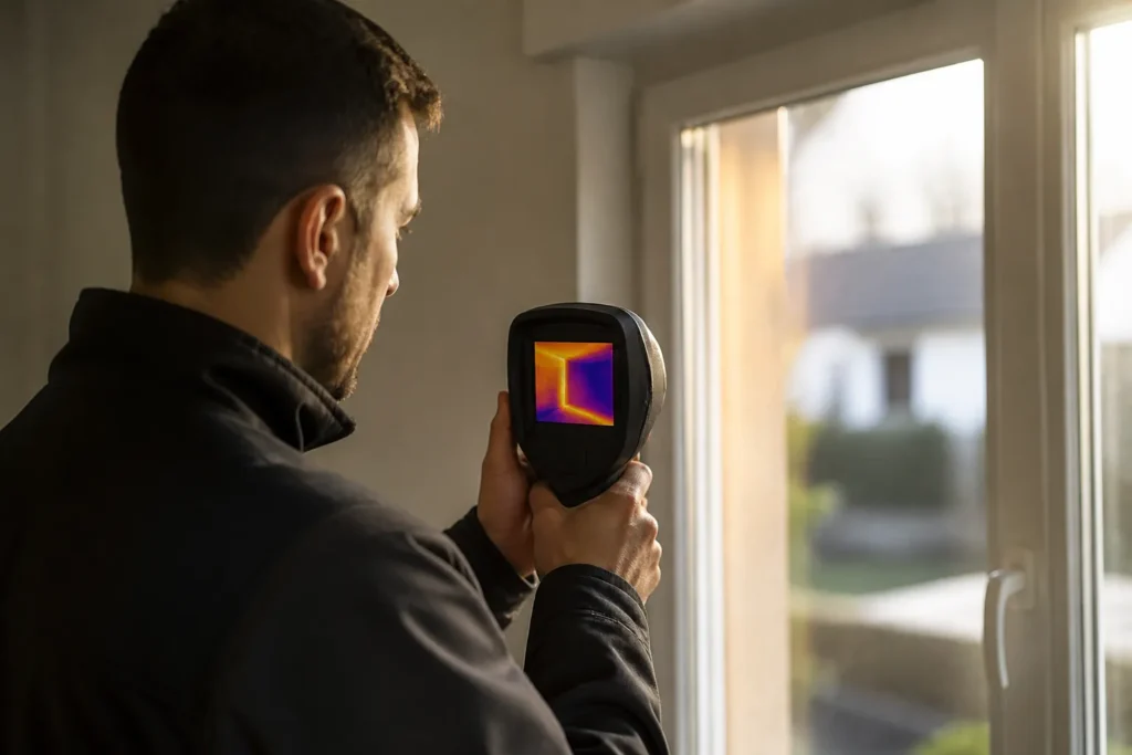 Technicien avec une camera thermique pres d une fenetre