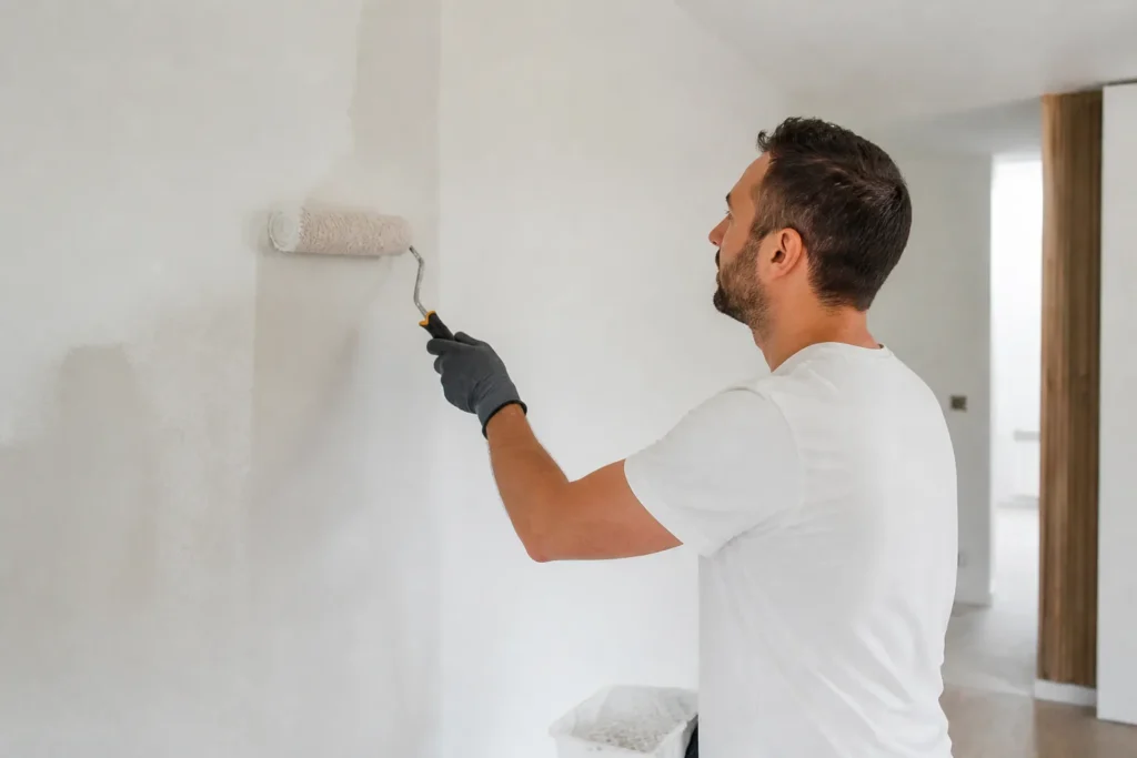Particulier peignant un mur interieur de maison neuve