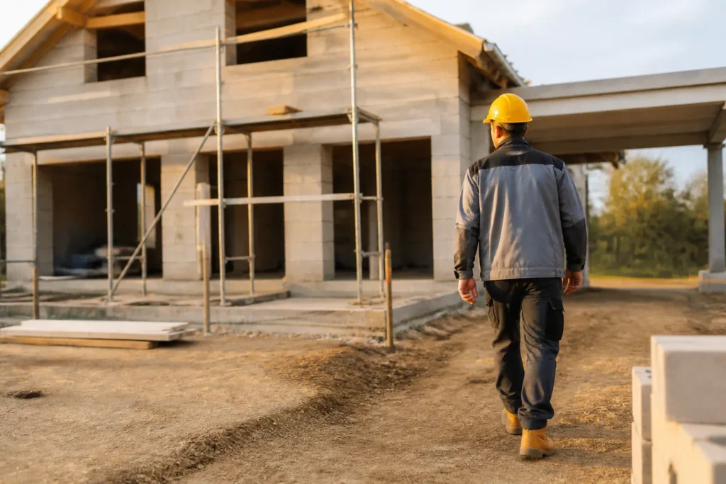 Particulier avec casque et chaussures de securite sur un chantier de maison